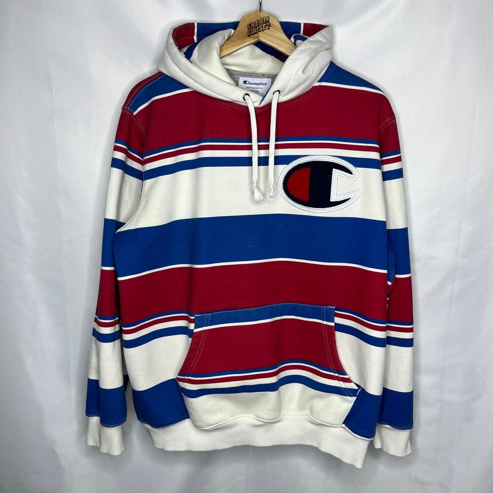 Supreme NYC x Champion Logo Striped Hooded Sweatshirt Hoodie in White M